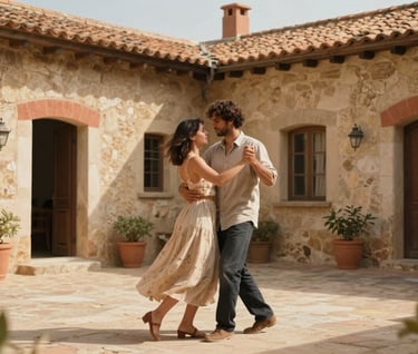 Candid moment of a couple dancing in a rustic stone courtyard in France, soft sand-colored walls, warm terracotta accents, genuine emotion, sun-drenched cinematic style.