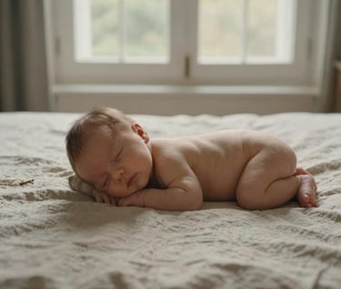 Lifestyle photography of a newborn baby sleeping peacefully on a linen sheet of muted sand color. Soft, natural morning light coming from a window in a French home. Minimalist and cinematic composition.