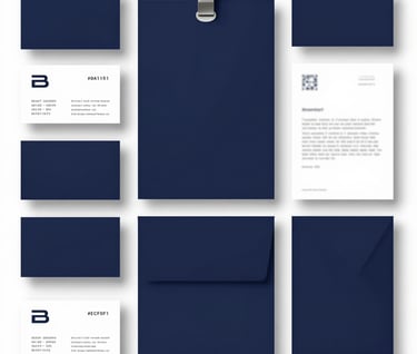 A top-down flat lay of graphic design elements: a corporate stationery set including business cards and letterheads with colors #0A1118 and #ECF0F1. Perfectly aligned, clean grid composition.