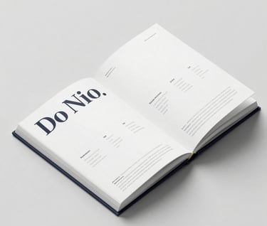 An open brand identity manual showing typography guidelines and color usage. The book is bound in a deep #0A1118 cover. The pages are crisp white with bold, minimalist layout design.