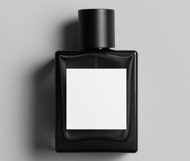 A matte black glass perfume bottle with a minimalist white label, dramatic lighting against a light grey backdrop, #0A1118 and #ECF0F1.