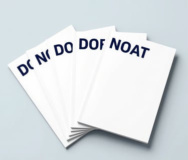 A series of three minimalist brand brochures fanned out on a clean #ECF0F1 background. The brochures feature bold sans-serif typography and large white spaces. The color palette includes highlights of #0A1118. Bright, airy, and modern graphic design style.