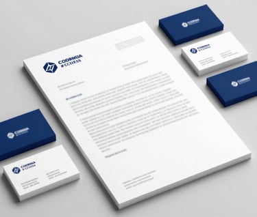 Corporate stationery set spread across a desk. Includes a letterhead and business cards featuring the brand's sophisticated blue palette (#2C3E50). The layout is uncluttered and architectural. Style is professional and forward-thinking.