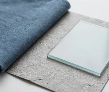 A flat lay of the brand's material palette: a swatch of muted blue fabric, a piece of recycled grey paper, and a sample of frosted glass. The composition is artistic and minimalist, showing the meticulous selection of brand touchpoints.