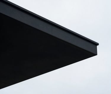 A low-angle shot of a cantilevered roof against a pale Ice White sky. The underside of the roof is in Midnight Black, showing a sharp geometric silhouette.