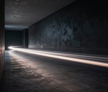 Long exposure photography of a soft light trail moving through a dark, obsidian-walled gallery space, sophisticated and abstract.