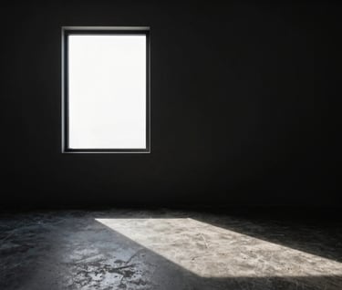 A minimalist composition of a single window in a dark wall, with a beam of light hitting a textured Dusty Slate floor. High-contrast, artistic mood.