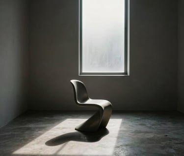Minimalist interior with a single sculptural chair in a room of dusty steel shadows and a sliver of arctic mist light from a tall window.