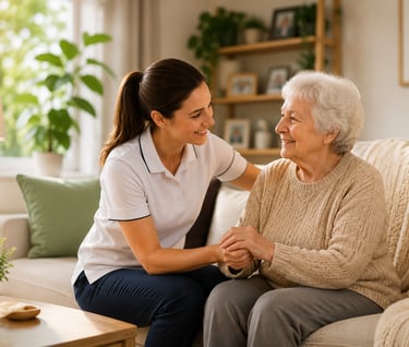 A smiling home care professional providing senior companion care to an elderly woman in a living room.