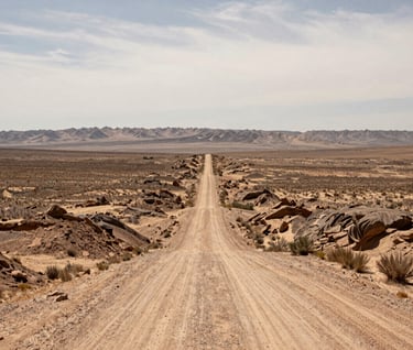 A distant view of a winding dirt road cutting through a vast desert basin in Northeast Nevada. The composition emphasizes scale and depth under a pale off-white sky. The atmosphere is one of profound tranquility and professional clarity.