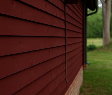 Close-up of red barn paint on exterior wood siding with visible grain and matte natural finish