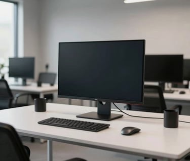 A wide shot of a contemporary professional workspace in the US, featuring a large high-resolution monitor on a cloud white desk, surrounded by sophisticated, minimalist decor.