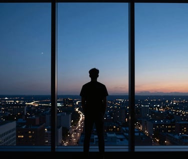 A person looking at a large scale window overlooking a North American / US cityscape at dusk, silhouetted against a deep blue and black horizon, minimalist composition.