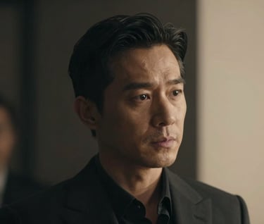 A cinematic close-up of Frank Artus performing a dramatic scene. The lighting is low-key and elegant, highlighting his facial expressions with a palette of deep charcoal (#1A1C20) and warm tan highlights (#D4C1A5).