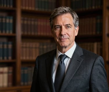 A medium shot of Frank Artus in a tailored suit, exuding authority and artistic depth. The background is a blurred library with dark wood tones (#1A1C20), and the overall mood is one of sophisticated professionalism.