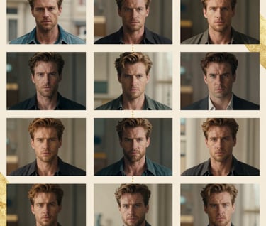 A collage style image featuring various character transformations of Frank Artus, showing his range from intense drama to action. Subtle use of gold textures (#A88B57) connects the frames.