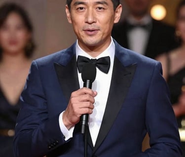 Frank Artus giving an acceptance speech at an international gala. The background is blurred with bokeh lights, creating an atmosphere of success and gravitas. Color palette includes #1A1C20 and #F8F8F8.