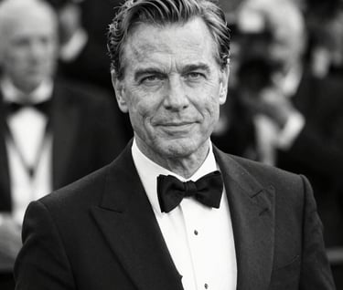 Black and white artistic photograph of Frank Artus on a red carpet, exuding authority and charisma. The image has a grainy, film-like quality with sharp contrast, fitting the brand's sophisticated professionalism.