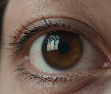 A macro photograph of an eye reflecting a soft window light. The style is raw and intimate, avoiding a commercial look. Earthy taupe and dark charcoal tones dominate.