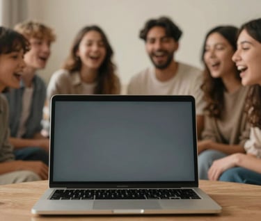 A hand-held, slightly motion-blurred photo of a group of friends singing together around a laptop, reflecting a dark slate grey screen light in a cozy beige environment.