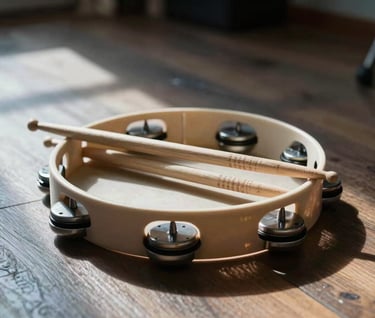 A low-angle shot of a tambourine and a pair of drumsticks resting on a wooden floor, with steel blue shadows and warm taupe highlights from a nearby window.