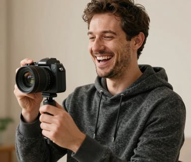 A candid portrait of a man with a creative, relaxed look, wearing a charcoal hoodie, holding a 360 camera and laughing, warm cream indoor lighting, soft focus background.