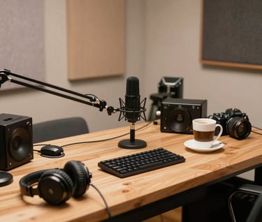 A wide shot of a messy creative studio desk with headphones, a microphone, and a cup of coffee. The walls are beige and the desk is a warm taupe wood, looking very lived-in.
