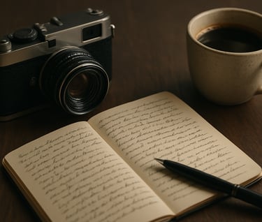 An artistic shot of a camera sitting next to some hand-written notes and a cup of coffee. The table is a dark charcoal wood, and the lighting is warm and personal.