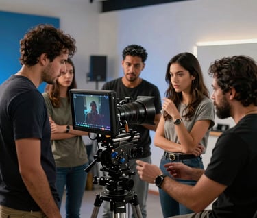 Behind the scenes photo of a creative team collaborating around a professional video monitor in a stylish Latin American / Hispanic production studio, cinematic soft lighting with slate blue shadows.