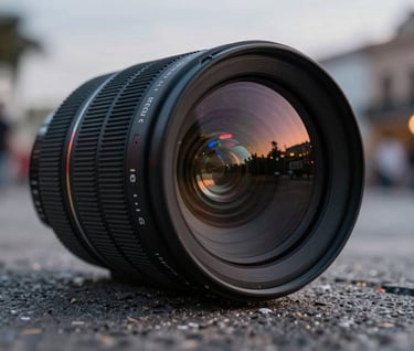 Close-up of a high-end cinema lens reflecting the neon lights of a Latin American / Hispanic urban plaza at twilight, shallow depth of field, sophisticated cool gray and dark charcoal tones.
