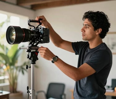 A creative professional on a Latin American / Hispanic film set adjusting a lighting rig, cinematic natural lighting, wearing modern professional attire.