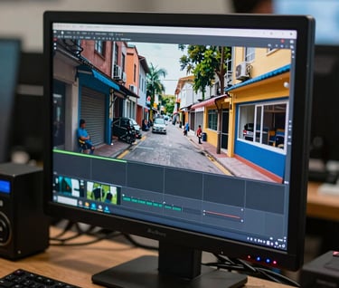 Close-up of a high-definition monitor in a Latin American / Hispanic production house, displaying a vibrant street scene, surrounded by professional tools in Steel Blue and Midnight Charcoal.