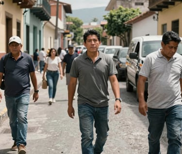 A vibrant wide shot of a bustling Latin American / Hispanic street scene during a film shoot, featuring rich textures and sophisticated muted slate grey shadows.