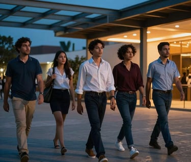 A group of young professionals walking through a modern Latin American / Hispanic plaza at dusk, candid motion blur, cinematic lighting with steel blue and warm orange accents.