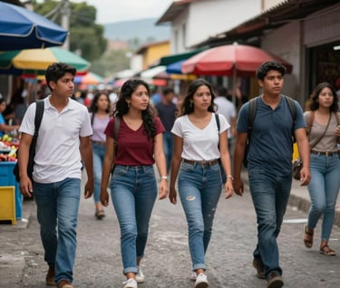 A dynamic wide shot showing a group of young people walking through a colorful Latin American / Hispanic street market, captured with a professional motion-blur effect, vibrant but professional color palette.