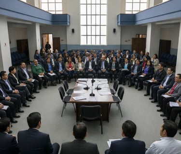 Professional business meeting with corporate team members sitting in a large circle for a strategy seminar.