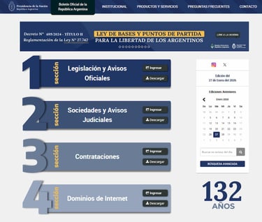 Secciones del Boletín Oficial de la República Argentina en una edición de enero de 2026