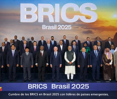 World leaders posing for a group photo at the BRICS Brasil 2025 summit of emerging economies.