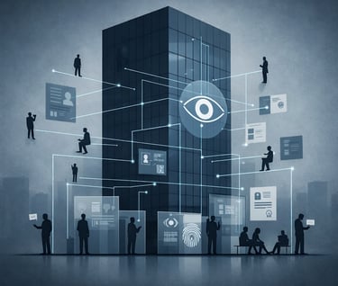 Digital surveillance concept showing people silhouettes around a skyscraper with data tracking icons and an eye symbol.