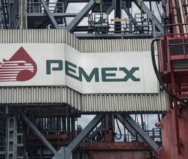 The Pemex logo and eagle emblem displayed on an industrial offshore oil drilling rig platform.