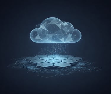 Digital cloud computing concept featuring a glowing network connection over a data center platform.