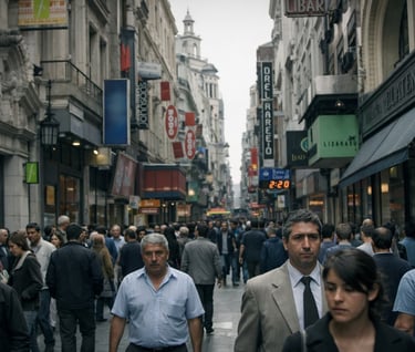 Crowded pedestrian street in Buenos Aires with shoppers and historic architecture.