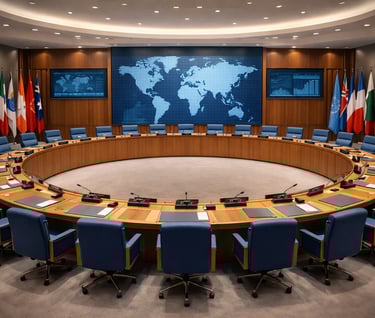 International conference room with a large circular table, blue chairs, and a digital world map display.