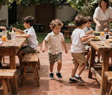 Candid shot of children playing between rustic wooden tables at a wedding party. Soft charcoal shadows and warm terracotta light. Spontaneous movement, authentic joy, European garden setting.
