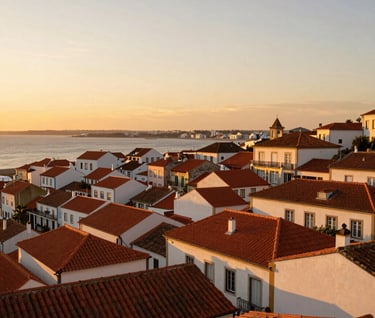 Wide-angle cinematic shot of a sunset over a Portuguese coastal town, with terracotta rooftops glowing under a soft, golden sky. The atmosphere is peaceful and evokes a sense of home and authenticity.