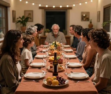 An authentic family interaction at a long dinner table under string lights. Cinematic composition, warm atmosphere, charcoal and terracotta tones, European Portuguese celebration style.