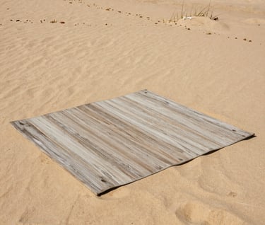 Atmospheric photography of a picnic blanket on a beach in Algarve, sun-bleached wood, sand colors, authentic relaxed vibe, European / Portuguese setting.