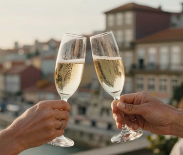 Detailed shot of two hands holding champagne glasses, clinking during a warm outdoor celebration. European Portuguese architecture in the soft-focus background, warm afternoon sun, cinematic depth of field.
