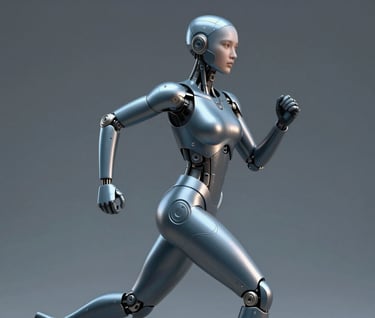 A detailed 3D character model of a cybernetic runner, sleek metallic textures reflecting a soft slate blue (#3F516B), neutral grey background, professional studio lighting, sophisticated craftsmanship.