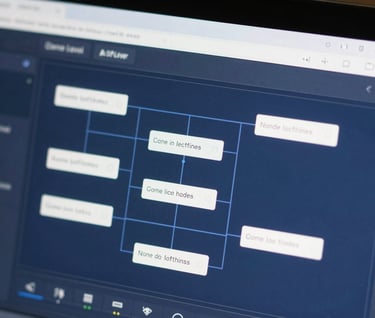 Close-up of a game level editor showing a node-based logic system, clean interface with slate blue (#3F516B) and off-white (#E0E8F0) accents, high-tech industrial aesthetic.